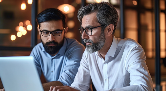 Two men looking together intently at a computer screen